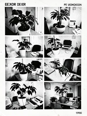 A houseplant on someone's desk photographed and copied twelve generations, leave