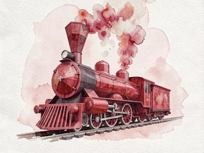 Single ruby-red lowpoly steam locomotive with a thick faceted boiler casting dee
