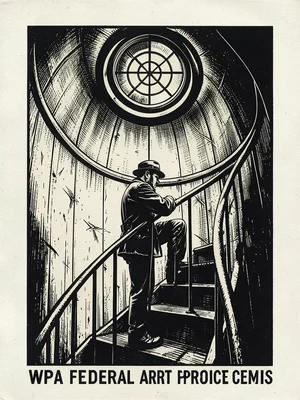 A lighthouse keeper climbing the spiral iron staircase inside a lighthouse tower