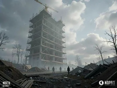 Construction site with month-long exposure, building rising as ghost, workers in