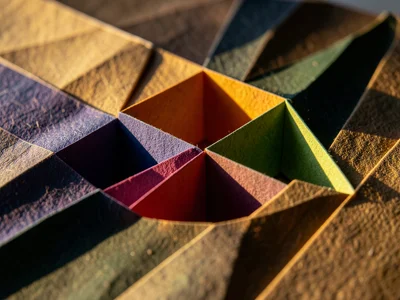 Origami fortune teller partially open, four chambers visible, colored paper crea