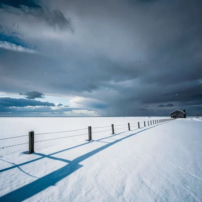 Vast horizontal landscape, extreme width composition, Snow fence casting long bl