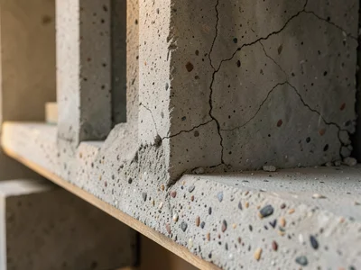 Cast concrete bookends on father's shelf, geometric shapes, warm light