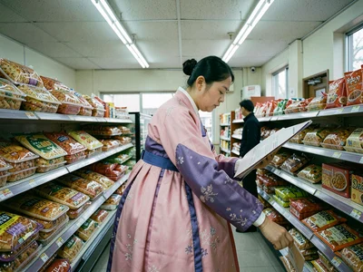 Traditional pink and purple hanbok wearer browsing frozen pizzas at grocery stor