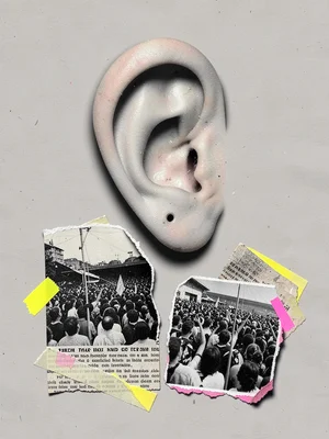 Pin-shadowed cutout of a giant ear floats above small torn fragments of a black-