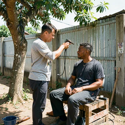 Documentary photograph with Jamaican yard aesthetic, A barber cutting hair under