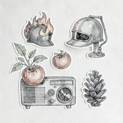 Sticker pack design featuring a fire helmet, a tomato plant, a radio, a porch li