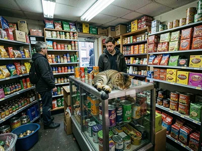 Cat sleeping on chip display, products arranged around, coexistence of commerce 