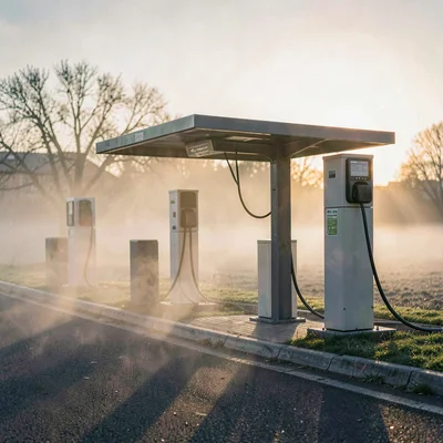 Atmospheric shot of a roadside fast-charging hub at dawn with mist drifting betw