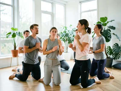 Small group doing breathing exercises in a bright studio with large windows and 