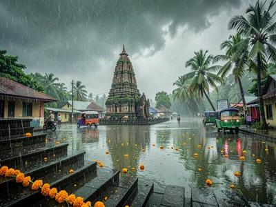 Flooded Temple Steps With Floating Offerings