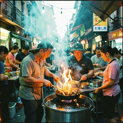 Cross-processed slide film photograph, Street food vendor at smoky grill, flames