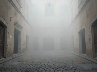 Deserted cobbled courtyard at first light, doorways yawning into dark, the upper