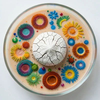 Actinomyces colony, chalky white dome with cracked surface like dry earth, bacte