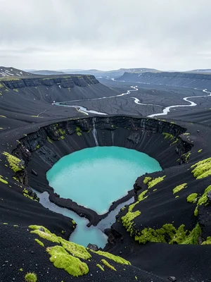 Turquoise Crater Lake in Black Basalt