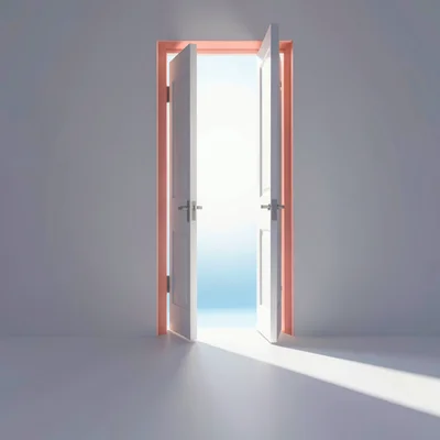 a tall narrow door swinging open onto a luminous interior gradient, soft fan-sha