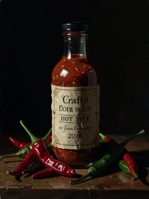 Bottle of craft hot sauce with handmade label, surrounded by fresh chilies, dark