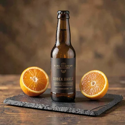 Warm-toned product photo of an unbranded amber beer bottle on a slate slab with 