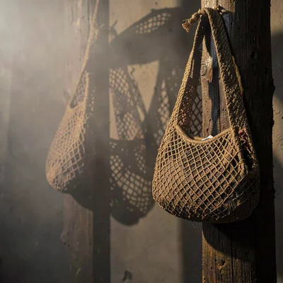 Dense atmospheric mist, rich earthy textures, Woven bilum bag hanging on a woode