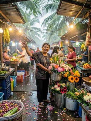Humid tropical market light in Suva, Fiji, A flower seller with buckets of tropi