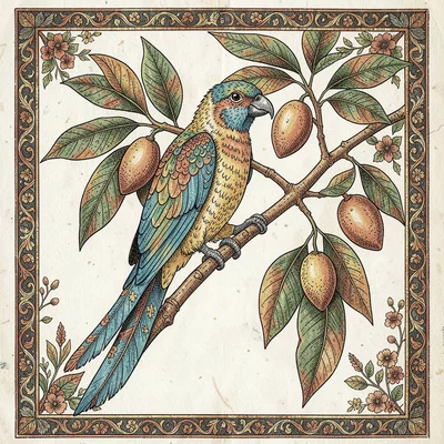 Kalamkari pen illustration, a parrot perched on mango branch with fruits , hand-