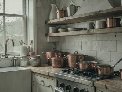 Kitchen with copper pots and wood