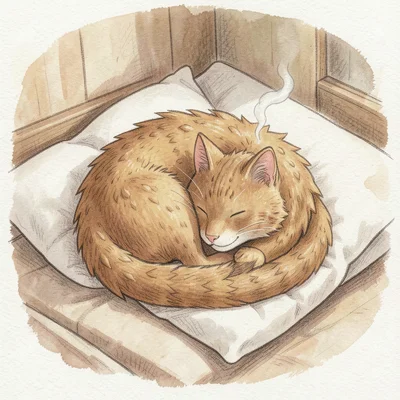 A dragon the size of a house cat curled up sleeping on a girl's pillow, tiny wis