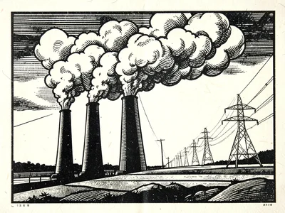 Three smokestacks of a power plant releasing steam that merges with cumulus clou