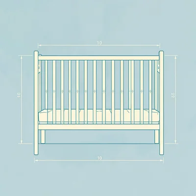 Blueprint-style schematic of a slatted crib drawn in fine cyan rules on cream pa