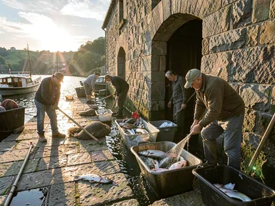 Fishermen unloading catch at stone quay under vertical sun