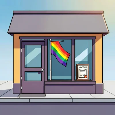 Block-color illustration of a small bookstore storefront with a rainbow flag in 