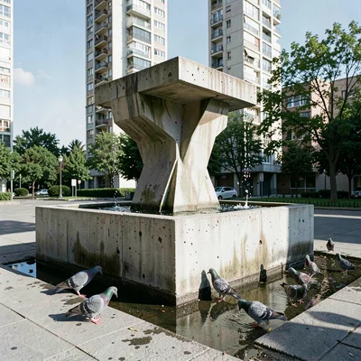 Planned city photography, modernist urbanism, A sculptural water fountain not fu