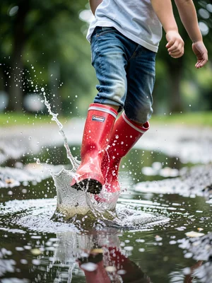 Child in red rain boots jumping in puddle, splash frozen mid-air