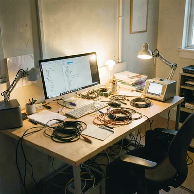 Documentary photograph, Messy desk of early-stage startup, cables everywhere, mi