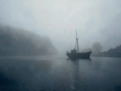 Fishing boat becoming silhouette in mist