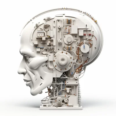 3D plastilina robot brain assembly tools on clean whi