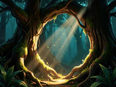 Mossy fairy-tale oak hollow with a single sunbeam catching pollen, warm amber on