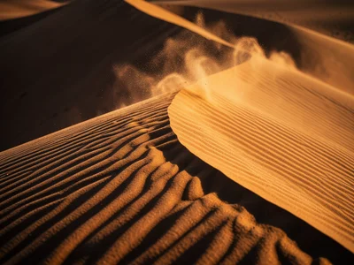 Sand flowing over dune crest in high wind, grain saltation creating a flowing mi