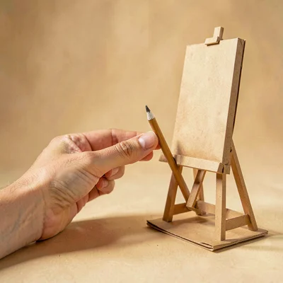 Papercraft hero of a layered paper-cut hand adjusting a paper-cut easel mast, wa