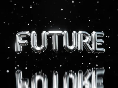 Molten silver letters spelling FUTURE floating in zero gravity, reflective surfa