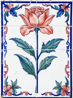 Single carnation spray panel — cobalt stem, coral flower head, white ground