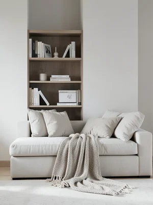 Cozy reading nook with built-in bookshelf, cushions, and a throw blanket