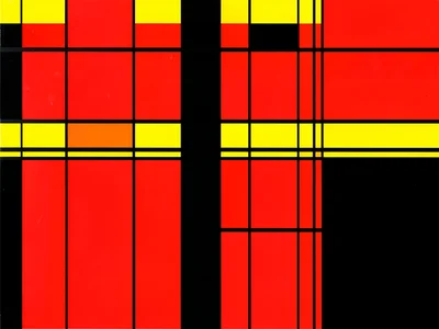 Bridge side elevation reduced to red verticals, yellow horizontals, black gaps