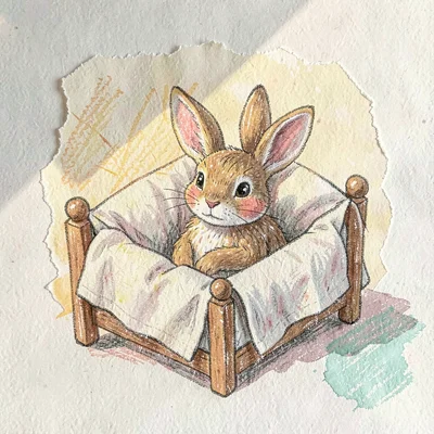 Hand-knit hare tucked into a small bed of muslin, sunlight pooling on linen