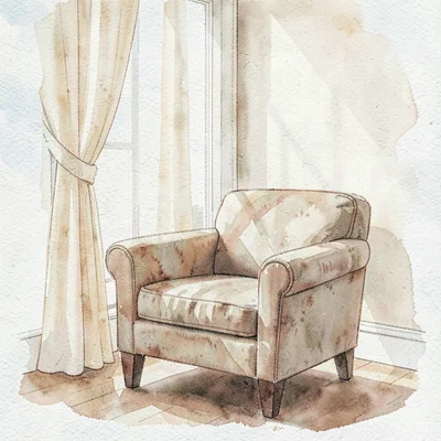 Atmospheric watercolor of a single armchair beside a tall window with sheer curt