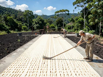 Parchment Coffee Being Raked on Sun-Drenched Drying Patio