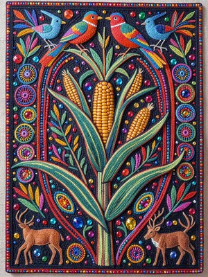 Sacred corn plant — stalk, ears, and leaves filling vertical frame, birds perche
