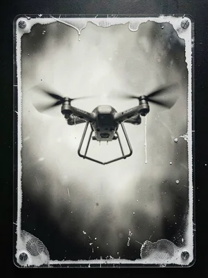 Drone quadcopter hovering, rotor blur from long exposure, silver nitrate fingerp