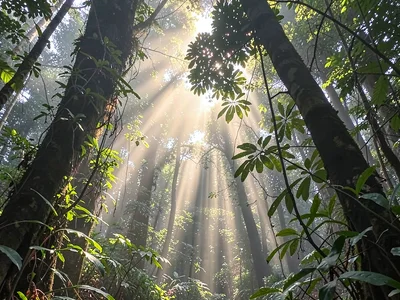 Morning light beam through mist-filled understory