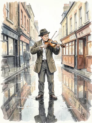 A Dublin busker playing fiddle on a rainy street, rendered in fluid ink and wate